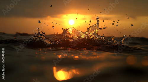 Water Splash with Reflective Sun at Sunset Over Sea in Dramatic Orange Golden Light