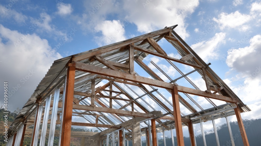 Constructing Greenhouse with Wood Frame and Clear Sky Background on Cloudy Day Constructing Greenhouse with Wood Frame and Clear Sky Background on Cloudy Day