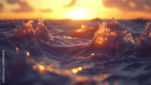 Obraz na płótnie Waves Crashing on a Calm Ocean at Sunset with Golden Light Reflecting on the Surface of the Water and Dramatic Sky w salonie