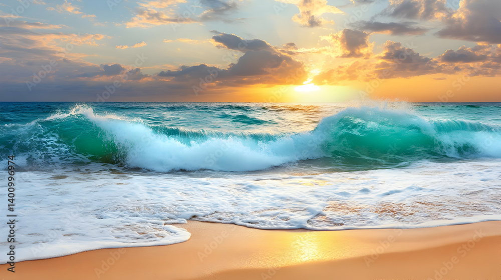 Waves Crashing on a Sandy Beach at Sunset with Golden Sky and Turquoise Water Under Cloudy Sky in Sunlight Landscape