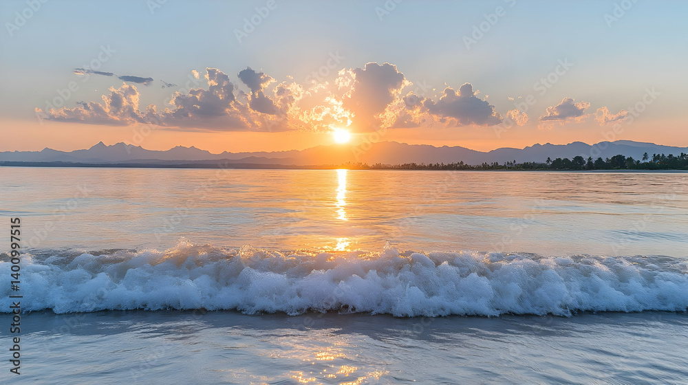 Waves Crashing On Sandy Beach During Warm Sunset with Clouds in Horizon and Orange Sunlight in Beautiful Ocean Landscape