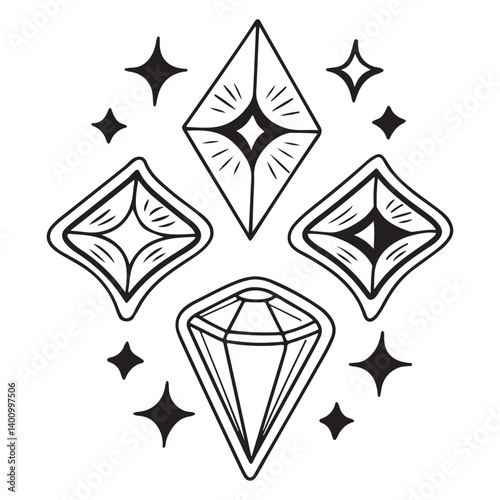 Y2k star sparkle bling abstract tattoo shapes. Simple minimal geometric signs and symbols in trendy retro 2000s style. Space cosmos galaxy aesthetic