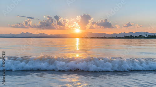 Waves Crashing On Sandy Beach During Warm Sunset with Clouds in Horizon and Orange Sunlight in Beautiful Ocean Landscape
