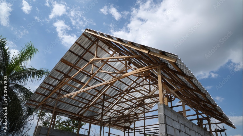 Building Under Construction with Metal Roof and Wooden Beams Structure Building Under Construction with Metal Roof and Wooden Beams Structure