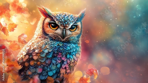Majestic owl showing colorful feathers in autumnal forest