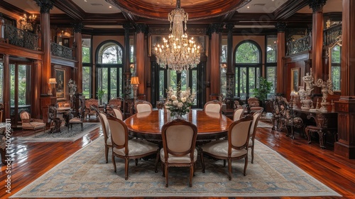 Grand Mansion Dining Room: Opulent Woodwork and Crystal Chandelier