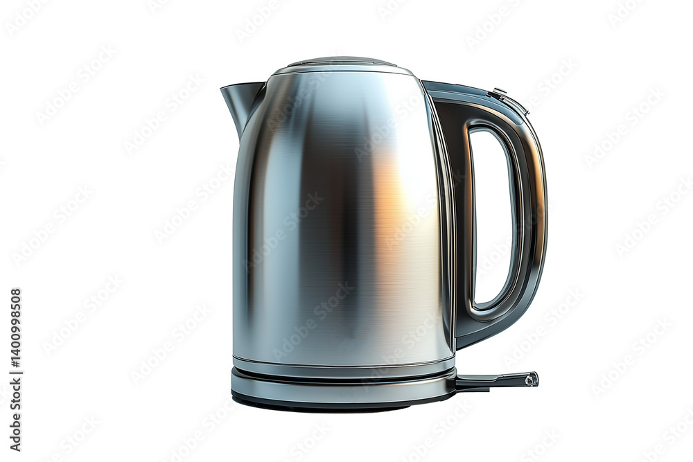 Fototapeta premium Hyper-realistic image of an electric kettle on a white background, stainless steel body, side view