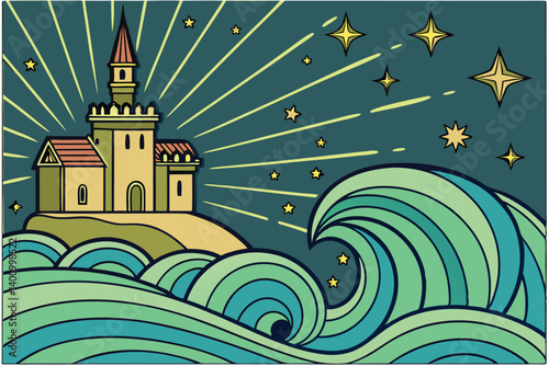 Dramatic Castle Scene Radiant Sky and Swirling Ocean Waves Adobe Illustrator Artwork