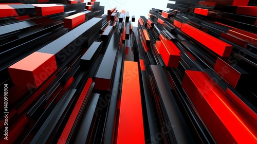3D Abstract Background - Red and Black Vertical Bars Illustration