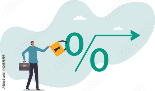 Fixed interest rate, mortgage or loan, fixed cost or constant price, banking or financial return rate.character for design.