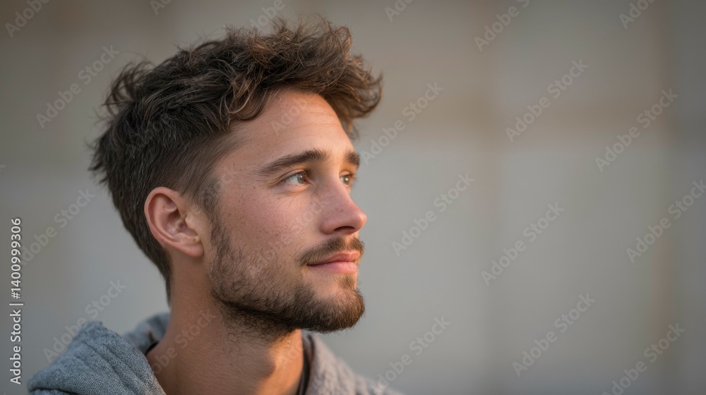 Fototapeta premium Young man in casual wear, natural side light, soft background - modern simplicity and relaxed confidence
