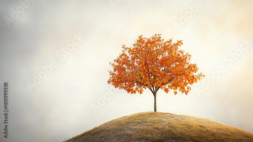Vibrant orange autumn tree stands on grassy hill Generative AI