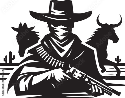 Western Outlaw with Gun and Desert Animals Silhouette