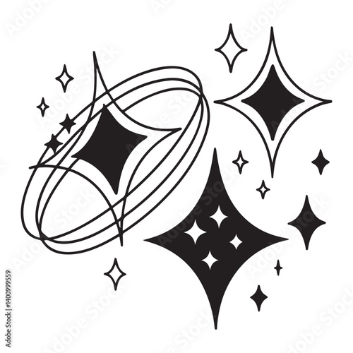 Y2k star sparkle bling abstract tattoo shapes. Simple minimal geometric signs and symbols in trendy retro 2000s style. Space cosmos galaxy aesthetic