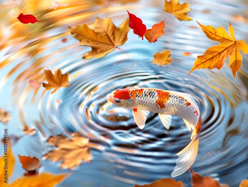 Koi Fish Swimming Among Colorful Autumn Leaves in Tranquil Water