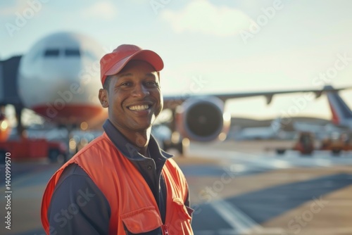 A male airport worker smiles confidently on the tarmac, showcasing safety and teamwork