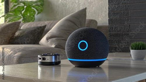 Smart home speaker and automation device on table, voice assistant technology concept