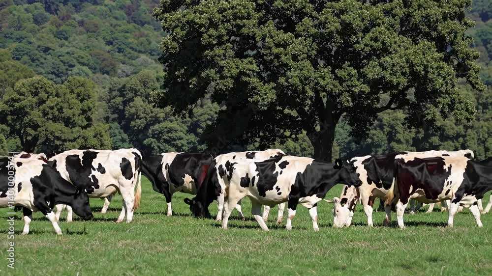 A group of cows grazing in a lush green field, captured from a side angle. The scene is serene and pastoral, ideal for a nature video backdrop. A group of cows grazing in a lush green field, captured from a side angle. The scene is serene and pastoral, ideal for a nature video backdrop.