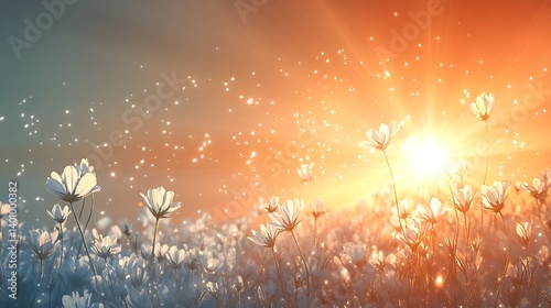 Beautiful field of flowers illuminated by a radiant sunrise glow