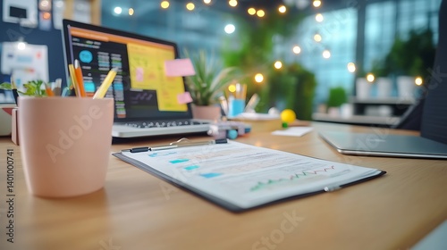 Modern Office Workspace with Laptop, Reports, and Indoor Plants