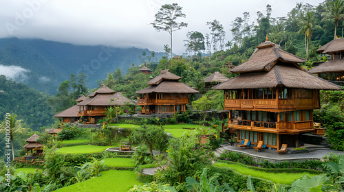 Obraz na płótnie Wooden Bungalows with Thatched Roofs Nestled in Lush Green Tropical Landscape Under Overcast Sky Showing Tropical Villa Architecture w salonie