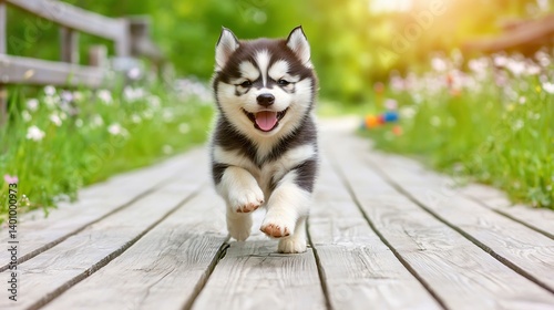 Happy Puppy Running Down a Wooden Path Surrounded by Flowers