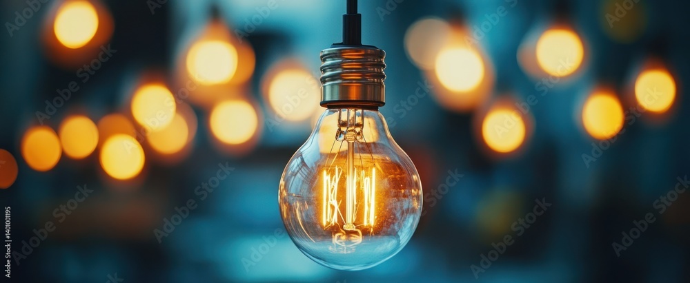 A single glowing light bulb hangs with blurred background illumination A single glowing light bulb hangs with blurred background illumination