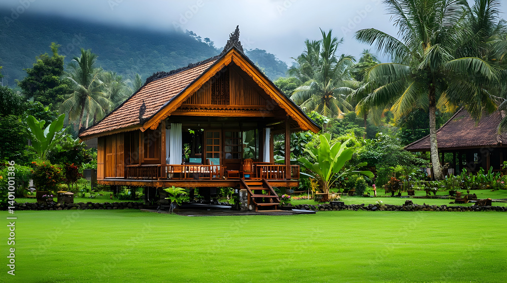 Wooden House with Tiled Roof amidst Green Field Palm Trees and Mountain Backdrop in Tropical Ambiance