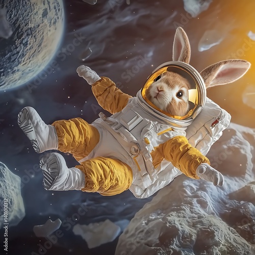 Funny Rabbit in Space Suit Floating Among Asteroids and Stars