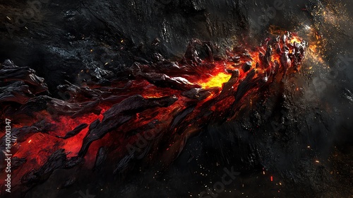 3D Illustration Molten Lava Flowing Background, Eruption, Magma, Volcanic, Fire, Hot, Geothermal, Destruction, Geology, Nature