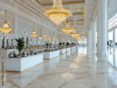 Elegant banquet hall with chandeliers and luxurious decor details