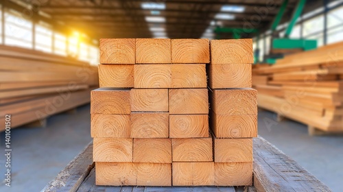Stacked Wooden Blocks with Sunlight in Spacious Warehouse Interior