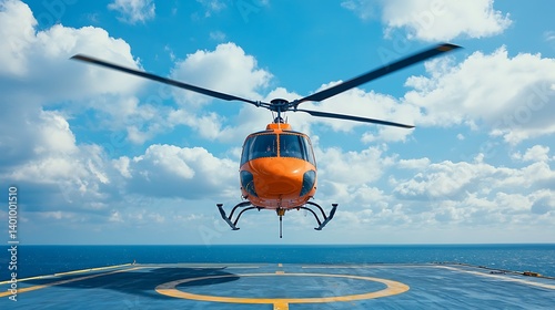 Bright Orange Helicopter Flying Above a Helipad Over Ocean Waves