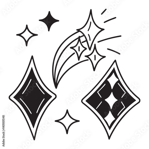 Y2k star sparkle bling abstract tattoo shapes. Simple minimal geometric signs and symbols in trendy retro 2000s style. Space cosmos galaxy aesthetic