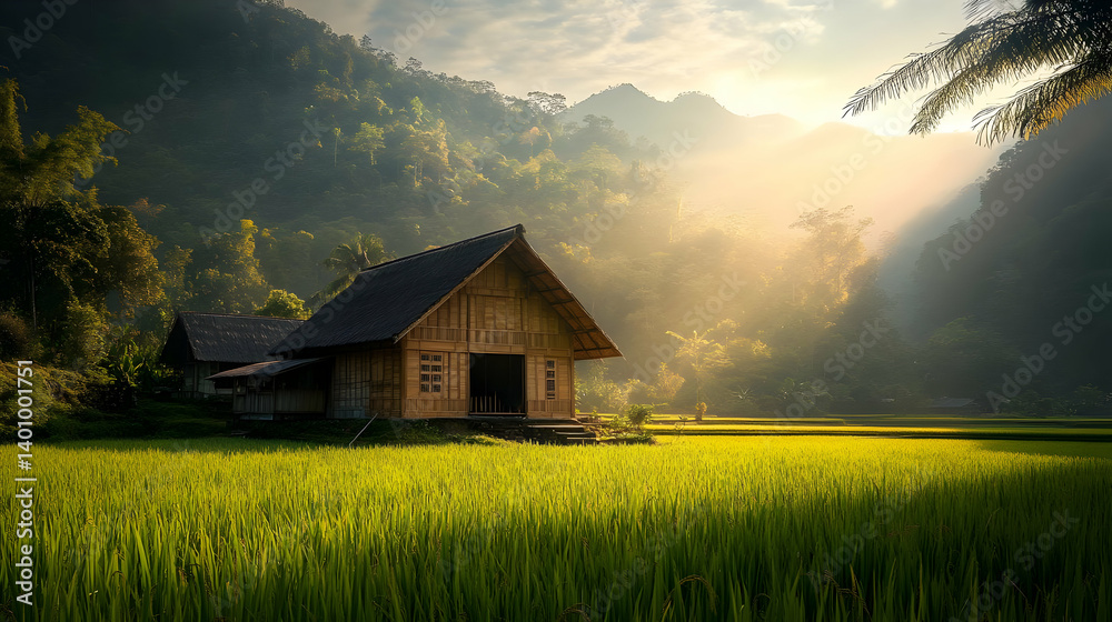 Wooden Hut in Golden Rice Field Illuminated by Sunlight near Green Hills at Dusk With Beautiful Light and Sun Rays
