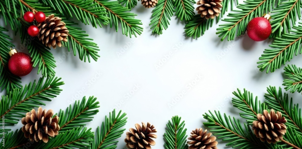 Christmas border with lush fir branches and rustic pine cones, winter wonderland, festive christmas Christmas border with lush fir branches and rustic pine cones, winter wonderland, festive christmas