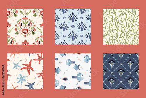 Folk hygge sea seamless pattern pack, fishes, seaweeds, corals, flowers and leaves scandinavian nordic style, ocean motives on background for wrapping, textile, digital and scrapbook paper