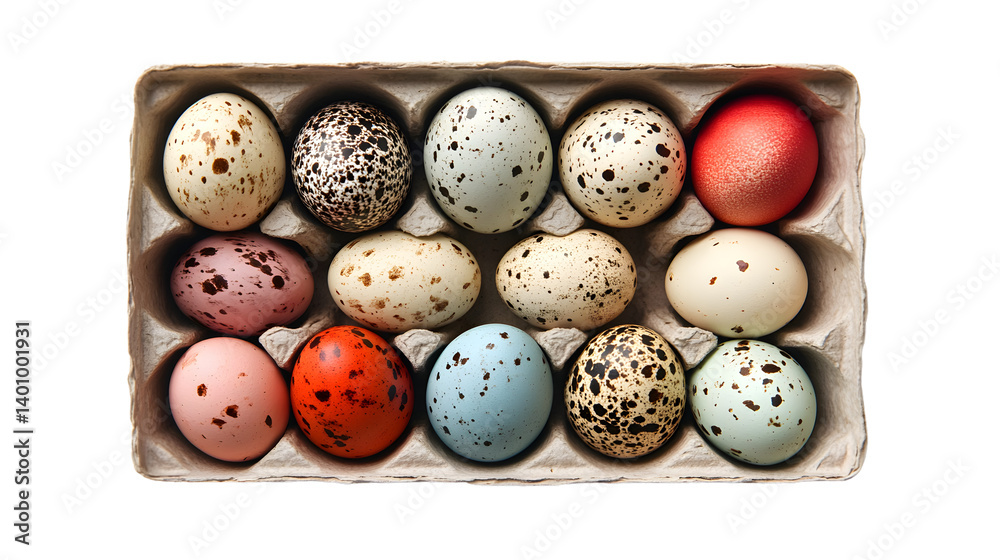 Colorful Easter Quail Eggs Displayed in Isolated Carton Box for Festive Season Celebration Colorful Easter Quail Eggs Displayed in Isolated Carton Box for Festive Season Celebration
