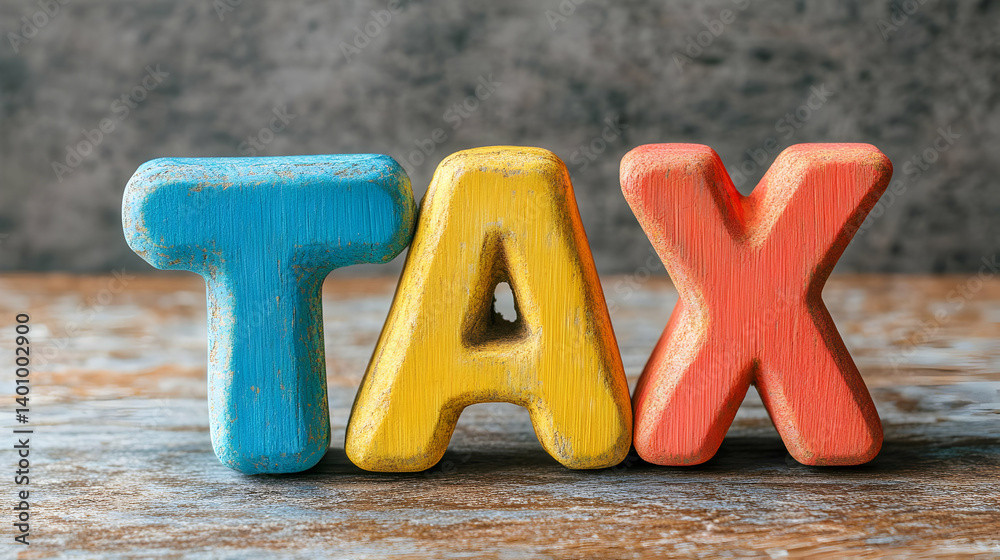 Word Tax Made of Colorful Wooden Letters on Wooden Surface with Gray Background Macro Shot