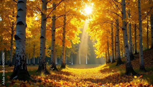 Sunbeams illuminate a grove of aspen trees, their leaves turning golden , fall, sun dappled
