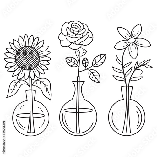 Three Elegant Flowers in Vases Rose, Sunflower, and Lily