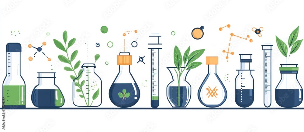 Botanical Science: Vector Illustration of Lab Beakers with Plants and Chemical Structures Botanical Science: Vector Illustration of Lab Beakers with Plants and Chemical Structures