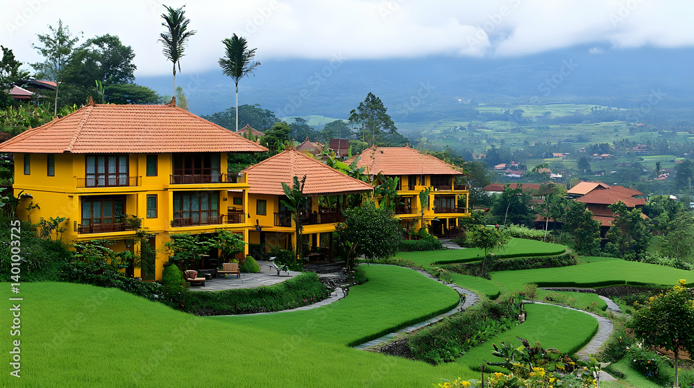 Yellow Resort Buildings with Red Tile Roofs Overlooking Green Rice Terraces and Distant Cloudy Mountains Under Sunny Sky