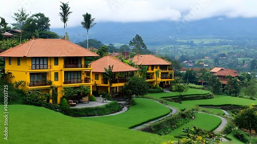 Obraz na płótnie Yellow Resort Buildings with Red Tile Roofs Overlooking Green Rice Terraces and Distant Cloudy Mountains Under Sunny Sky w salonie