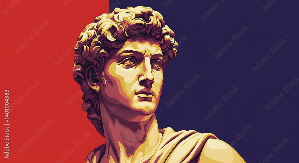 Pixel Art Statue Portrait Male Figure Against Red And Blue Background Pixel Art Statue Portrait Male Figure Against Red And Blue Background