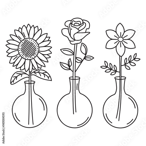 Three Elegant Flowers in Vases Rose, Sunflower, and Lily