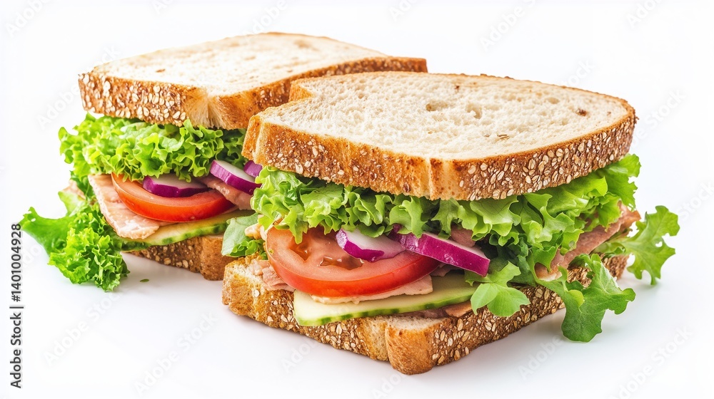 Fresh ham and vegetable sandwiches on whole grain bread – healthy lunch with lettuce, tomato, cucumber and red onion on white background Fresh ham and vegetable sandwiches on whole grain bread – healthy lunch with lettuce, tomato, cucumber and red onion on white background
