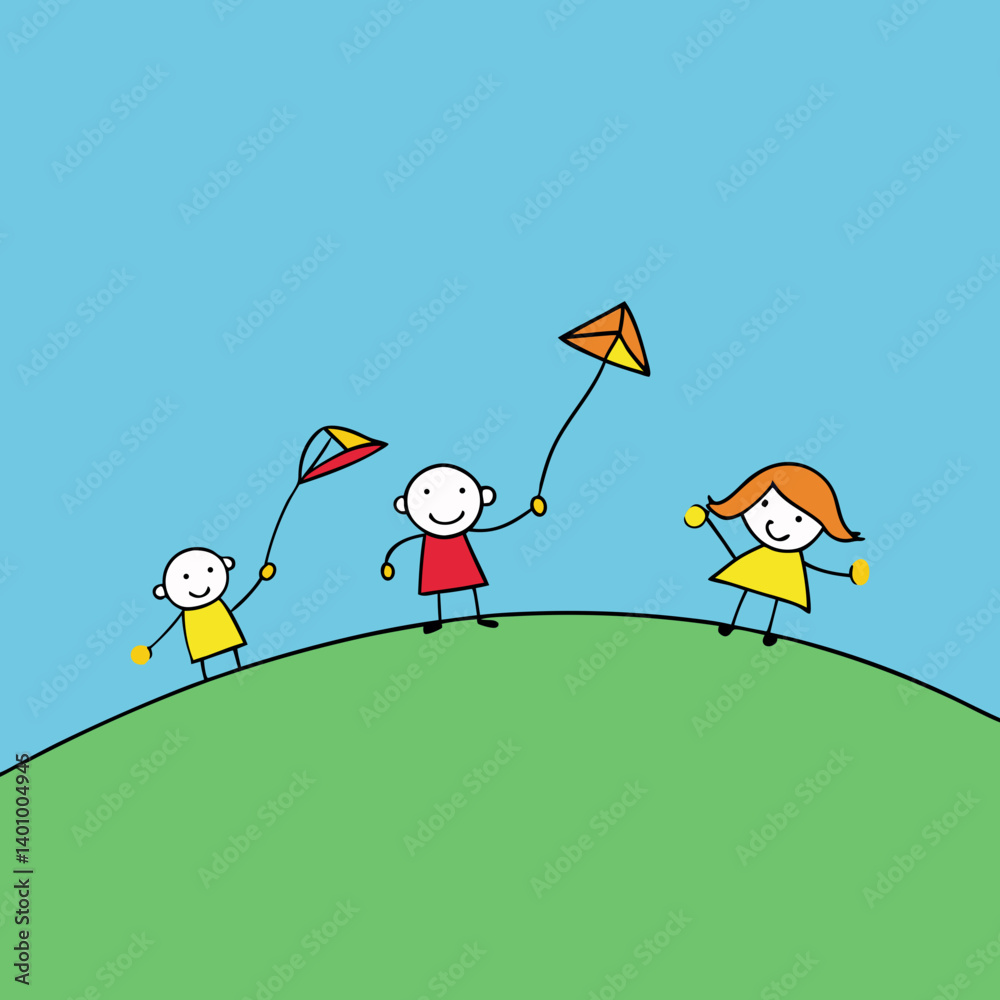 Obraz premium children flying kite