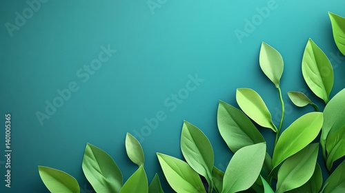 Green Leaves on Teal Background