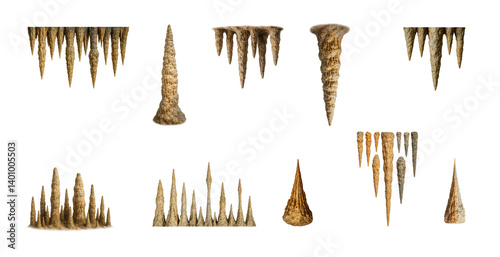 Transparent Collection of Natural Stalactites and Stalagmites for Cave and Geology Concepts